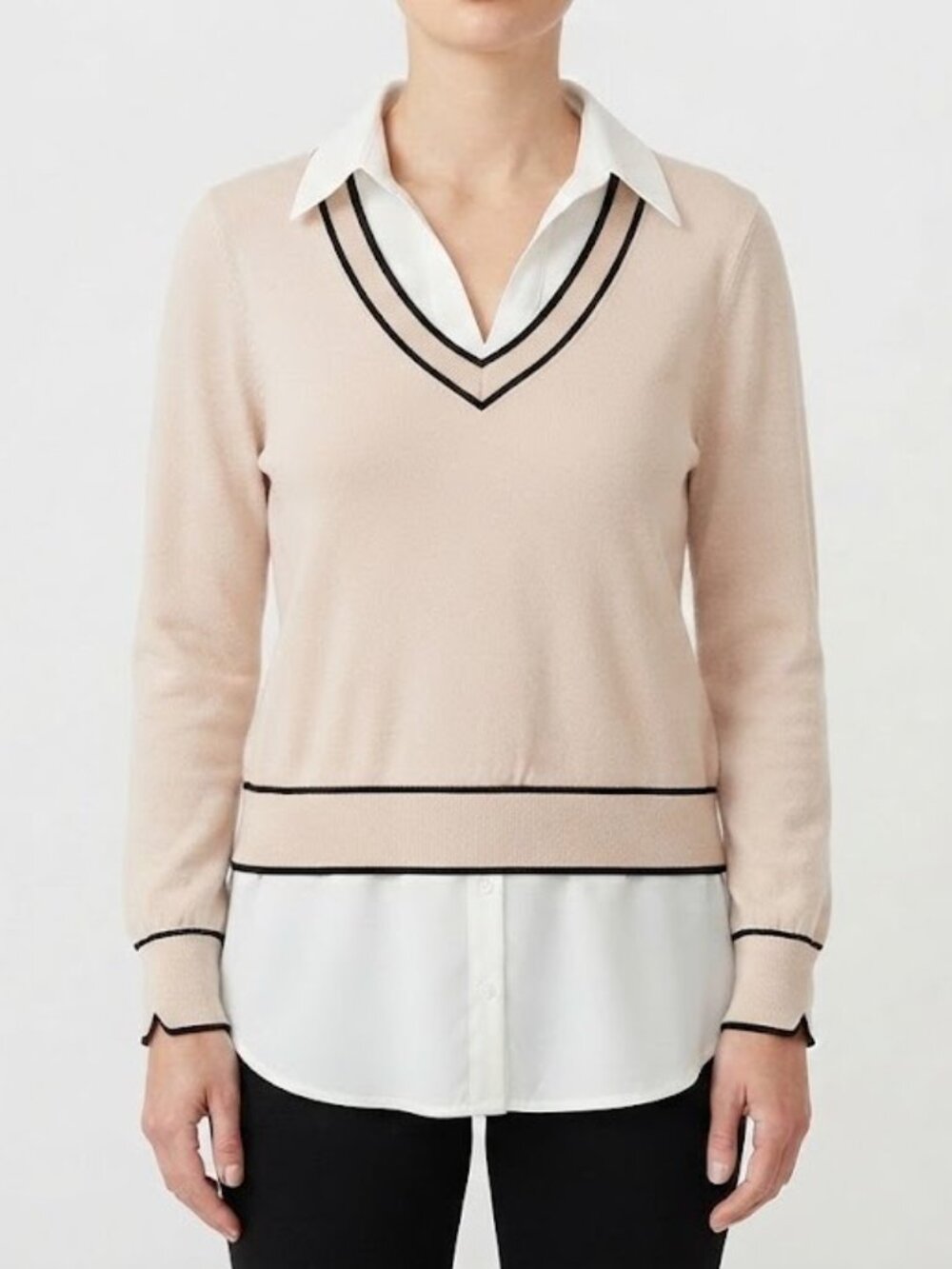 Long Sleeve Collared Twofer Sweater in Champagne Blush & Black Trim